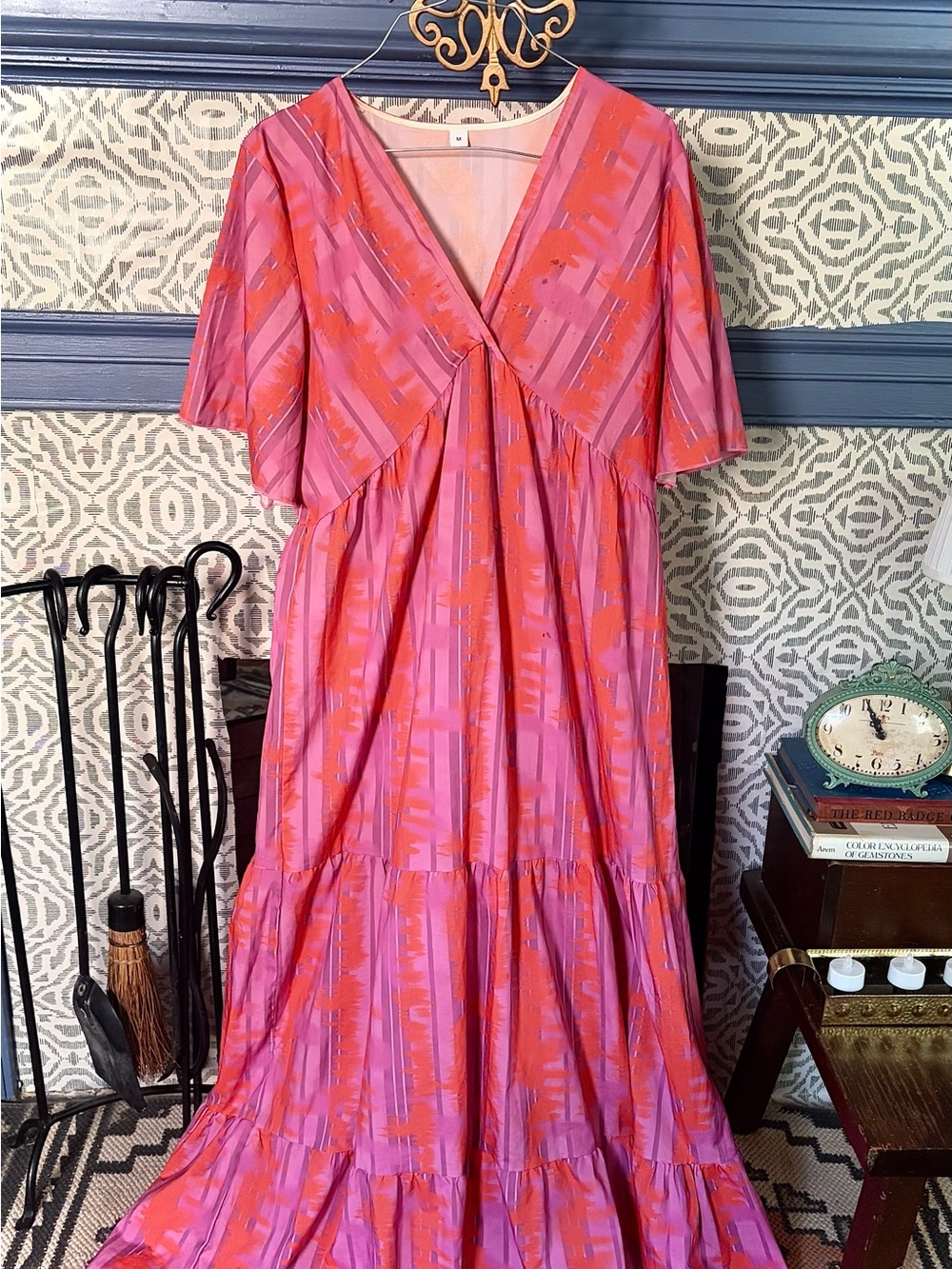 SHEIN Pink & Coral Abstract V-Neck Tiered Maxi Dress